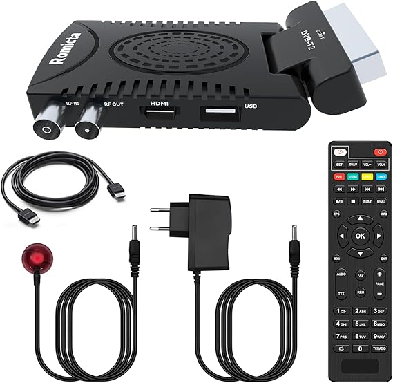 Romicta Decodificador TDT HD 2025 - DVB-T2 H.265 HEVC FTA Full HD PVR, USB, HDMI, SCART, Sintonizador de TV Digital Terrestre, Receptor Digital de Alta definición Full HD 1080p, Control Remoto 2 en 1