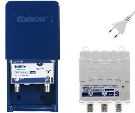 EDISION MAK-100 Kit: Amplificador Antena TV de mástil 1UHF, 10-25db, 107dBmV, 24V, para Digital Terrestre DVB-T/T2, con Filtro 5G LTE, + Fuente de Alimentación 24V 200mA F 2 Salidas