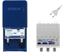 EDISION MAK-100 Kit: Amplificador Antena TV de mástil 1UHF, 10-25db, 107dBmV, 24V, para Digital Terrestre DVB-T/T2, con Filtro 5G LTE, + Fuente de Alimentación 24V 200mA F 2 Salidas