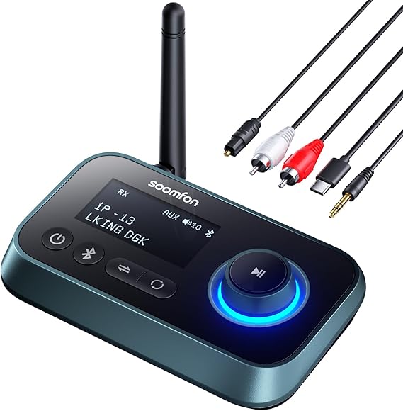 SOOMFON Transmisor Receptor Bluetooth 5.0, 3 en 1 Adaptador Audio con Pantalla LCD, Receptor Emisor Bluetooth para TV, Auriculares, Altavoces, Emisor Adaptador con Aux 3.5mm, RCA, Cable Óptico