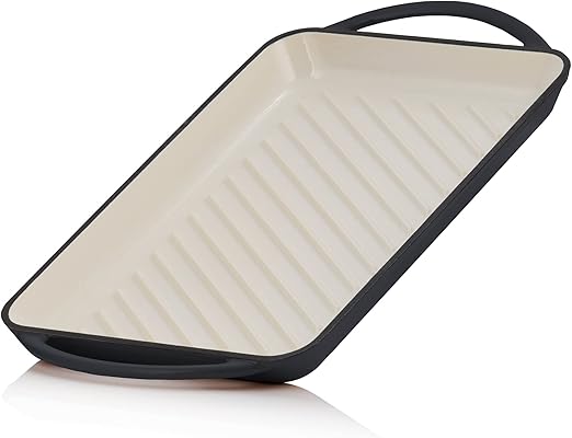 Mahlzeit Plancha de Hierro Fundido Esmaltado Blue Berry | 39,5 x 22 x 3,5 cm | Parrilla para Asar con Asas, Rectangular, Estriada | Placa de Hierro Fundido Cocina Gas, Eléctrica, Inducción