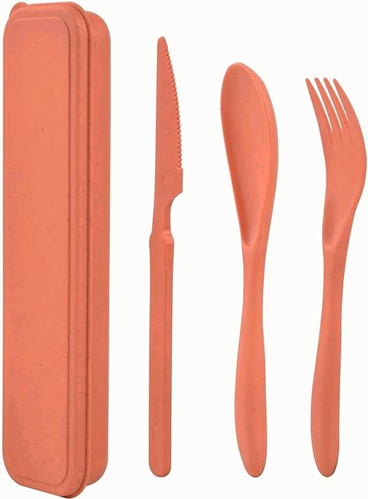 Juego de cubiertos de plástico, Cubiertos de viaje, Juego de cubiertos Reutilizables, Set de cubiertos de viaje, Tamaño estuche 20 cm, Incluye tenedor, cuchillo y cuchara, Plástico, Naranja