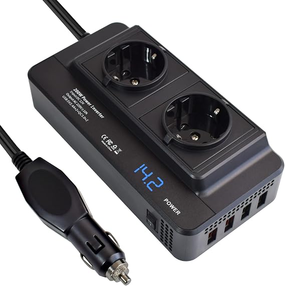 Inversor de Corriente 200W Convertidor Transformador 12V a 220V Onda Modificada Cargador Adaptador Mechero Coche a Enchufe con 2 AC Salidas, 4 Puertos USB y Pantalla Digital
