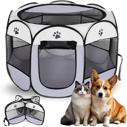Parque para Perros 74x74x43cm, Jaula para Gatos Plegable, Jaula para Perros Portátil, Corralito para Gatos, Conejos, Animales Pequeños, Interior y Exterior (Gris)