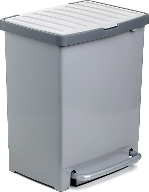Tatay Cubo de Reciclaje 25L con Pedal | Separador Interior para 2 Residuos | Uso Interior y Exterior | Apto para Bolsas de 30L | Plástico Resistente Libre de BPA | 33,5x31x42 cm, Gris