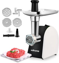 Edihome, Picadora de Carne Eléctrica, Marcha avance y Retroceso, Máquina para picar Carne Profesional, 2200W, Multifuncional con 3 placas de Corte y Embutidor de Salchichas (Blanco y negro)