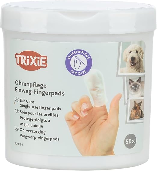 Almohadillas Desechables para el Cuidado de Las Orejas Trixie: Almohadillas limpiadoras para Perros, Gatos y Animales pequeños, con Aloe Vera y Hamamelis, Cuidado Suave de Las Orejas, 50 Unidades.