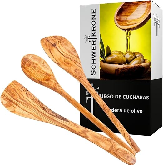 Schwertkrone Cuchara de madera de olivo, espátula, cuchara para risoto, puntiaguda y redonda, Pfannenheber