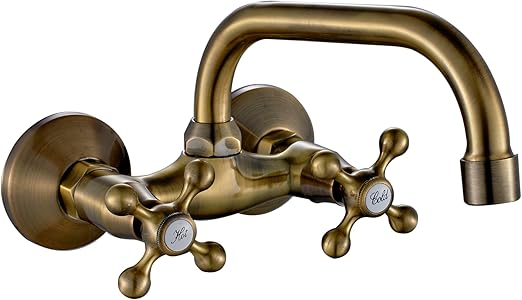 AQG - Grifo de Pared para Fregadero Athos | Caño Giratorio 360º, Doble Maneta Vintage | Montaje en Pared | Estilo Retro Clásico (Bronce)