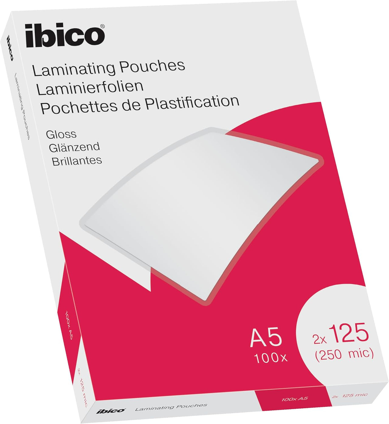 Ibico Láminas para Plastificar Tamaño A5, Acabado Brillante, 250 Micras, Pack de 100, Transparentes, 627315