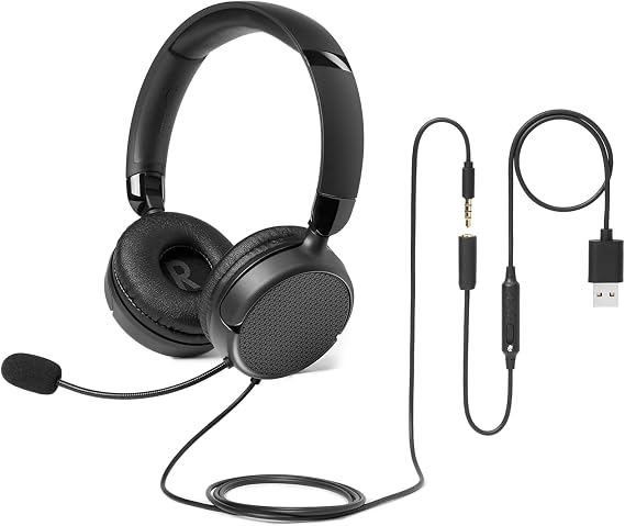 Amazon Basics, auriculares supraaurales con cable, micrófono ajustable, conexión de 3,5 mm, control por cable con USB-A, plegables, para oficina, teléfono inteligente, computadora portátil, negros