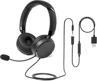 Amazon Basics, auriculares supraaurales con cable, micrófono ajustable, conexión de 3,5 mm, control por cable con USB-A, plegables, para oficina, teléfono inteligente, computadora portátil, negros