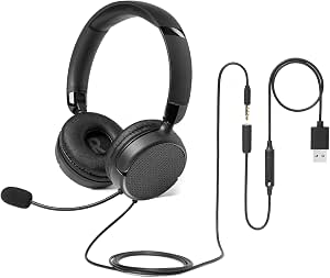 Amazon Basics, auriculares supraaurales con cable, micrófono ajustable, conexión de 3,5 mm, control por cable con USB-A, plegables, para oficina, teléfono inteligente, computadora portátil, negros