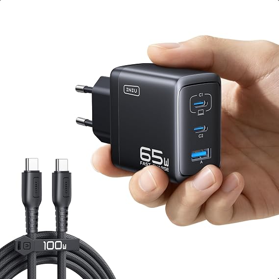 INIU Cargador USB C, 65W 3-Puertos Laptop Cargador Rápido con 1.5m Cable