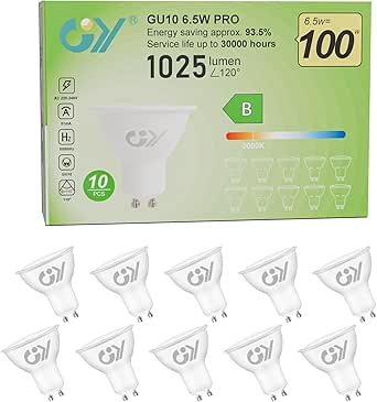 GY Bombilla LED GU10 6.5W (Eq. 100W) 1025LM 3000K Blanco Cálido, No Regulable, 110 Grados Ángulo de haz - Bombillas GU10 LED Pack de 10