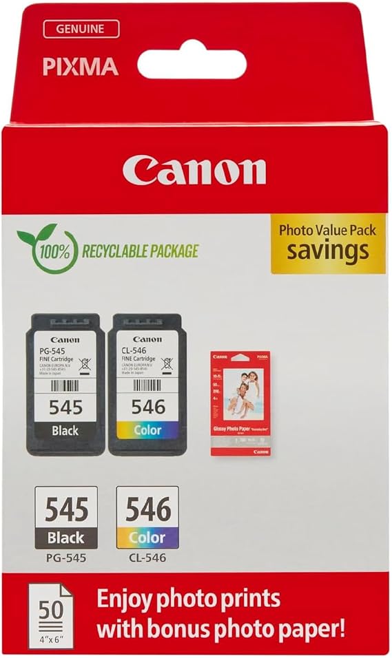 Canon Pack Encre & Papier - PG-545/CL-546 Cartouches d'encre Authentique pour imprimante 2 Packs (1 x Noir, 1 x Couleur) & Papier Photo 4x6 (50 x Feuilles)