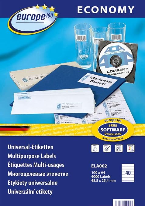 Europe100 Art. ELA002 Universal Etiketten (4.000 Klebeetiketten, 48,5x25,4mm auf A4, Papier matt, individuell bedruckbar, selbstklebende Aufkleber, kompatibel zu AVERY 3657) 100 Blatt, weiß