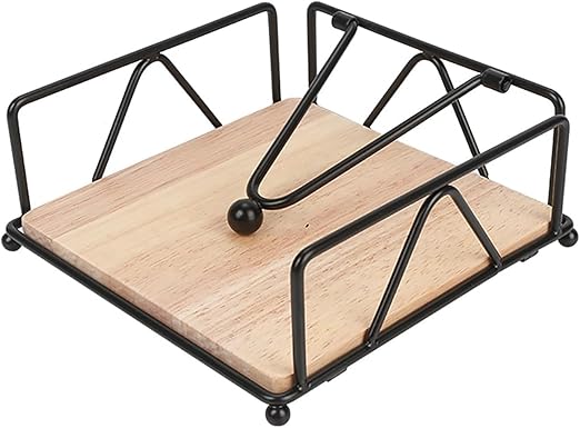 Servilletero, servilletero con base de madera, servilletero de metal (cuadrado), servilletero de madera, adecuado para restaurantes, cafeterías y otros lugares.