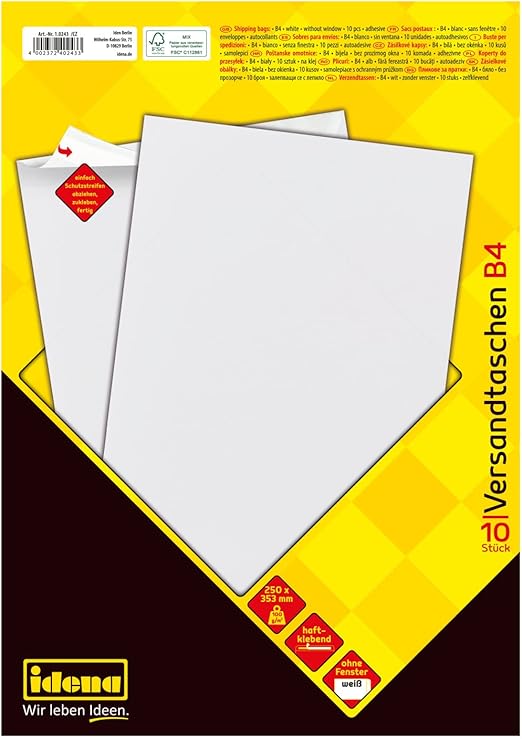 Idena 10243 - Busta postale DIN B4, 100 g/m², sensibile alla pressione, senza finestra, bianca, 10 pezzi