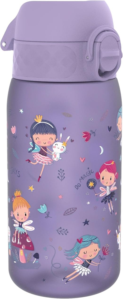 ION8 Botella de Agua para Niños, 350ml, a Prueba de Fugas, Fácil de Abrir, Cerradura Segura, Apta para Lavavajillas, Sin BPA, Asa de Transporte, Fácil de Limpiar, Neutro en Carbono, Diseño Hadas
