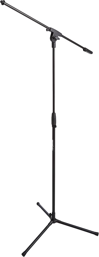 Amazon Basics Soporte de Micrófono con Trípode y Brazo, Hasta 218 cm, Inclinable y Ajustable, Acero Ultraligero, Transportable, Compatible con Adaptador de 95 mm a 160 mm - Negro