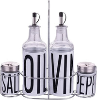 Villa d'Este Home Tivoli Set de condimento de aceite, vinagre, sal y pimienta de vidrio y acero inoxidable, soporte de hierro, blanco, Bigismore