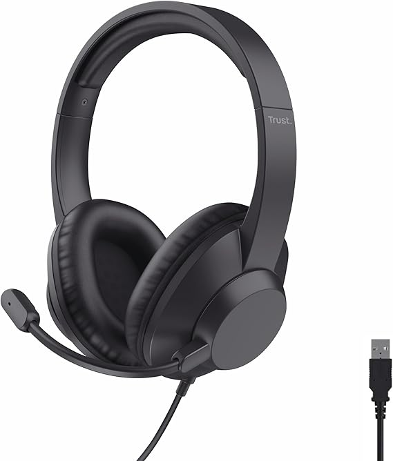 Trust Roha II MAX USB Auriculares con Micrófono PC Over Ear, Cable de 1,8 m, 85% Plástico Reciclado, Cascos USB-C per Oficina Ordenador Portátil Laptop Mac Zoom Teams, Negro