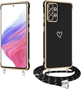 E-Lush Funda con Cuerda para Samsung Galaxy A53 5G, Love-Heart Patrón Galvanoplastia Funda para Samsung A53 5G, TPU Suave Silicona Case con Collar Correa de Cuello Antigolpes Carcasa, Negro