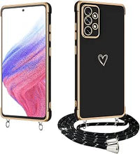 E-Lush Funda con Cuerda para Samsung Galaxy A53 5G, Love-Heart Patrón Galvanoplastia Funda para Samsung A53 5G, TPU Suave Silicona Case con Collar Correa de Cuello Antigolpes Carcasa, Negro