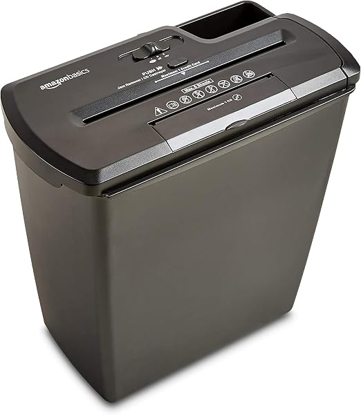 Amazon Basics Destructora de papel, tarjetas de crédito y CD con recipiente separable corte en tiras, capacidad de hasta 7-8 hojas negro, 32.5 L x 16.5 W x 33 H cm, 2.8 kg