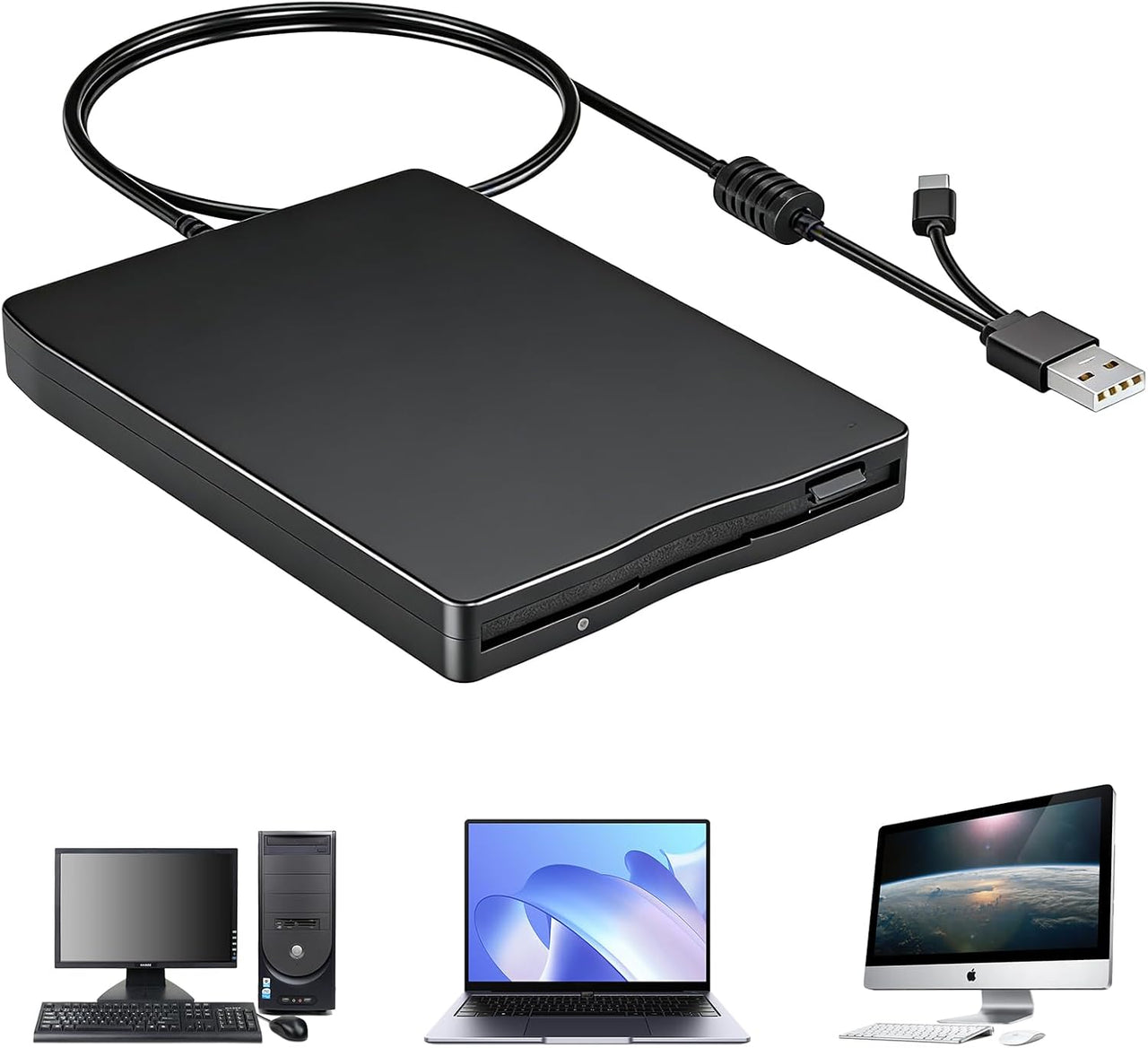 GBKDQQ Unidad de disquete externa USB portátil FDD 1,44 MB 3,5 pulgadas: Slimline Floppy Disk Drive Lector de tarjetas externas Accesorios de ordenador Extraíble Externo Compatible con PC y MAC, Plug