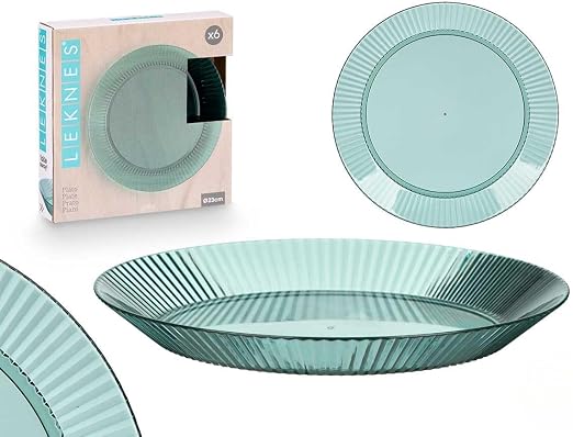 Makio M Platos de Plástico Reutilizables, 23 cm, Set de 6, Diseño Rayado, Transparentes, para Fiestas, Barbacoa, Jardín (Verde)
