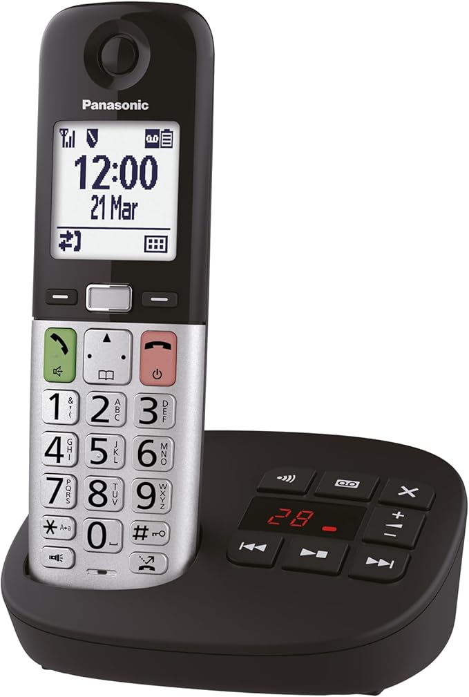 Panasonic KX-TGU430EXB Teléfono Inalámbrico Digital con Contestador Automático, Volumen Amplificado, Unidad Base y 1 Auricular, Pantalla LCD, Linterna, Compatible con Audífonos, Negro y Plateado