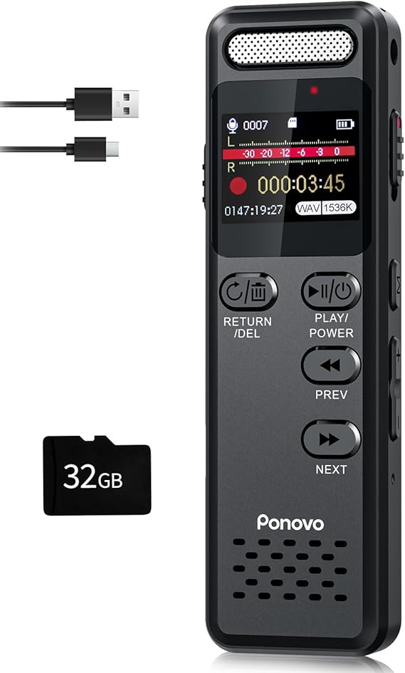 96GB Grabadora de Voz 100H Grabación Continua, Ponovo Grabadora Digital Activada por Voz 1536Kbps HD con Micrófono Ext, 1100mAh Grabadora de Voz Pequeña con Contraseña para Reunione Entrevista Clase