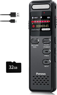 96GB Grabadora de Voz 100H Grabación Continua, Ponovo Grabadora Digital Activada por Voz 1536Kbps HD con Micrófono Ext, 1100mAh Grabadora de Voz Pequeña con Contraseña para Reunione Entrevista Clase