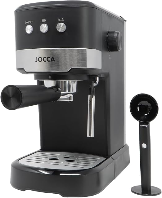Jocca – Cafetera Espresso 20 Bares con Vaporizador | 1100W | Depósito 1,25L Desmontable | Metal | Color Negro | Preparación de 1 o 2 Tazas