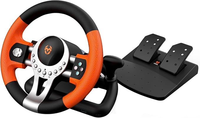 KROM K-DRIVER – Volante Gaming con Pedales y Vibración, Rotación de 180°, Palanca de Cambios y Levas, 12 Botones, Conexión USB, compatible con PC, PS3, PS4 y Xbox One – Negro