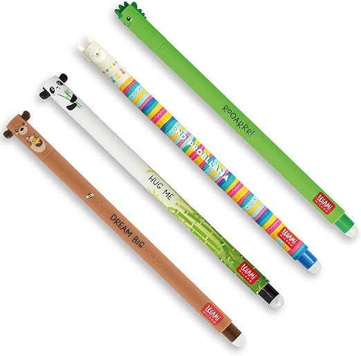 LEGAMI - Set de 4 stylos gel effaçables, Dino, Teddy Bear, Panda, Llama, bille à l'extrémité para enlever l'encre, Negro, bleu, vert, rouge, sensible à la température, diamètre de la pointe 0,7 mm