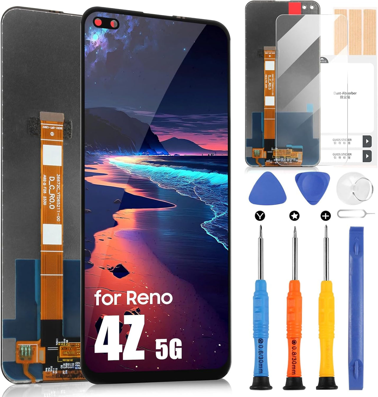 Pantalla LCD para Oppo Reno4 Z 5G/Reno4Z 5G CPH2065 Display Digitizer Touch Screen Reemplazo Assembly con kit de reparación (6,57", negro)