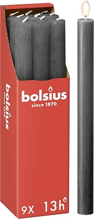 Bolsius - Velas rústicas – marrón claro – Juego de 9 unidades – Longitud de combustión 13 horas – sin perfume – Cera vegetal natural – Sin goteo – sin aceite de palma - 27 x 2,3 cm