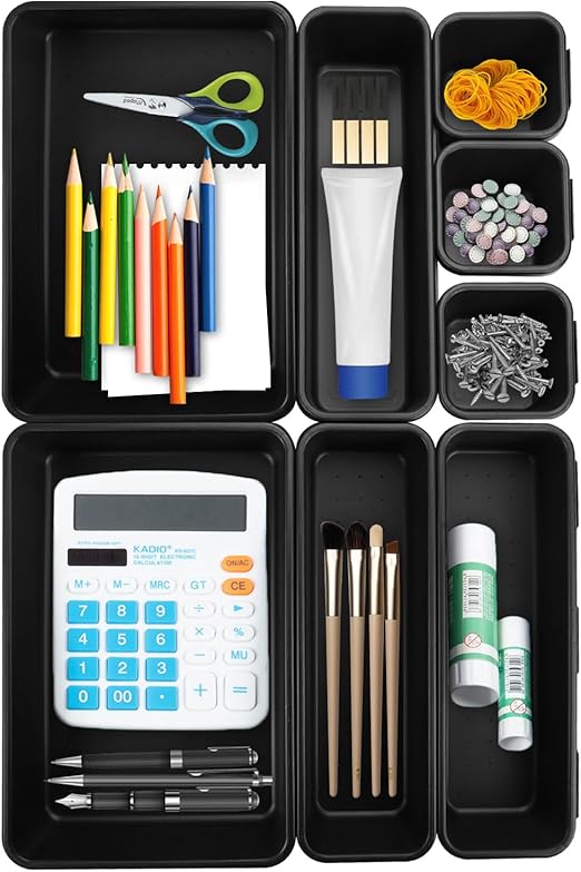 TESSTSY 8 Piezas Organizador Cajones Escritorio, Organizador Cajones Baño, 3 Tamaños, Cajas Bandejas de Plástico Apilables Almacenamiento para Cajones, Oficina, Cocina, Maquillaje (Gris)