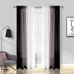 Melodieux Visillos Cortinas Transparentes Degradadas 2 Piezas, 140x260cm Negro/Blanco