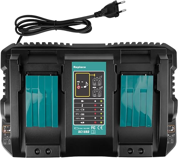 LabTEC Cargador de batería Dual Ports para Makita 14.4V-18V BL1415, BL1430, BL1830, BL1840, BL1850, BL1850B, BL1860B, Compatible con la batería de la Herramienta eléctrica Makita DC18RD