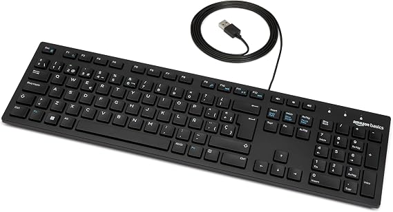 Amazon Basics Teclado con Cable USB y Base Fina, diseño español, Negro Mate