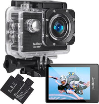 Jadfezy WiFi Cámara Deportiva Ultra HD 1080P, Action Camera, Cámara Subacuática Impermeable con 2×1050 mAh Baterías y Accesorios Kit para Casco y Bicicleta, etc.