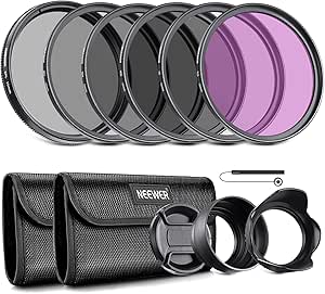 NEEWER 55mm Kit de Filtro ND y Accesorios de Lente, ND2 ND4 ND8 UV FLD CPL(Polarizador Circular) Juego de Filtros con Tapa de Lente/Parasol de Lente en Forma de Tulipán/Parasol de Lente Goma Plegable