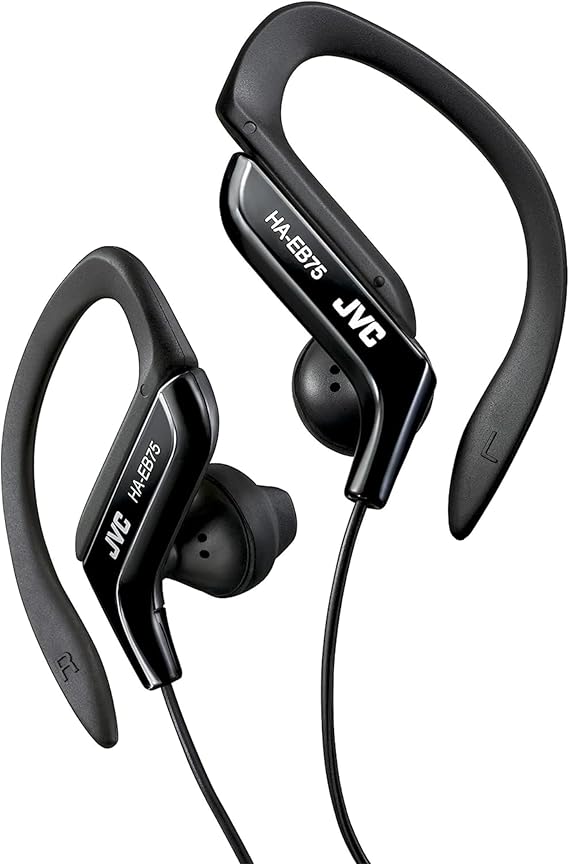 JVC HA-EB75-BN-U Auriculares Deportivos con Clip Regulable, Ajuste Seguro 5 Posiciones, Resistente a Salpicaduras, Sonido Potente con Graves, Cable 1,2m Forma de L Compatible con Smartphone