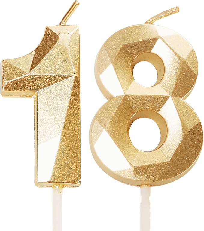Velas de cumpleaños número 18, velas doradas con el número 18, decoración de pastel para niños y niñas, para fiesta de cumpleaños de 18 años, boda, aniversario, celebración, suministro, color dorado