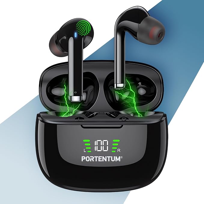 PORTENTUM Auriculares inalambricos Bluetooth 6.0 – Cancelación de Ruido Hybrid ANC + ENC – 60h – Cascos Control táctil Impermeables IPX6 – Pantalla LED – Graves HiFi 10 mm – Ajuste cómodo – USB-C