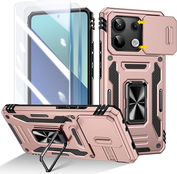 Doeshine Funda para Xiaomi Redmi Note 13 4G con 2 Protector Pantalla，[Protección Militar], Soporte Anillo y Cubierta de Cámara Deslizante(Dorado)